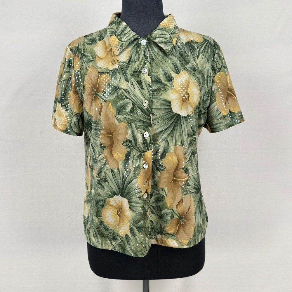 Selene Women's Button Front Blouse M Green Floral Collared Short Sleeve Stretch